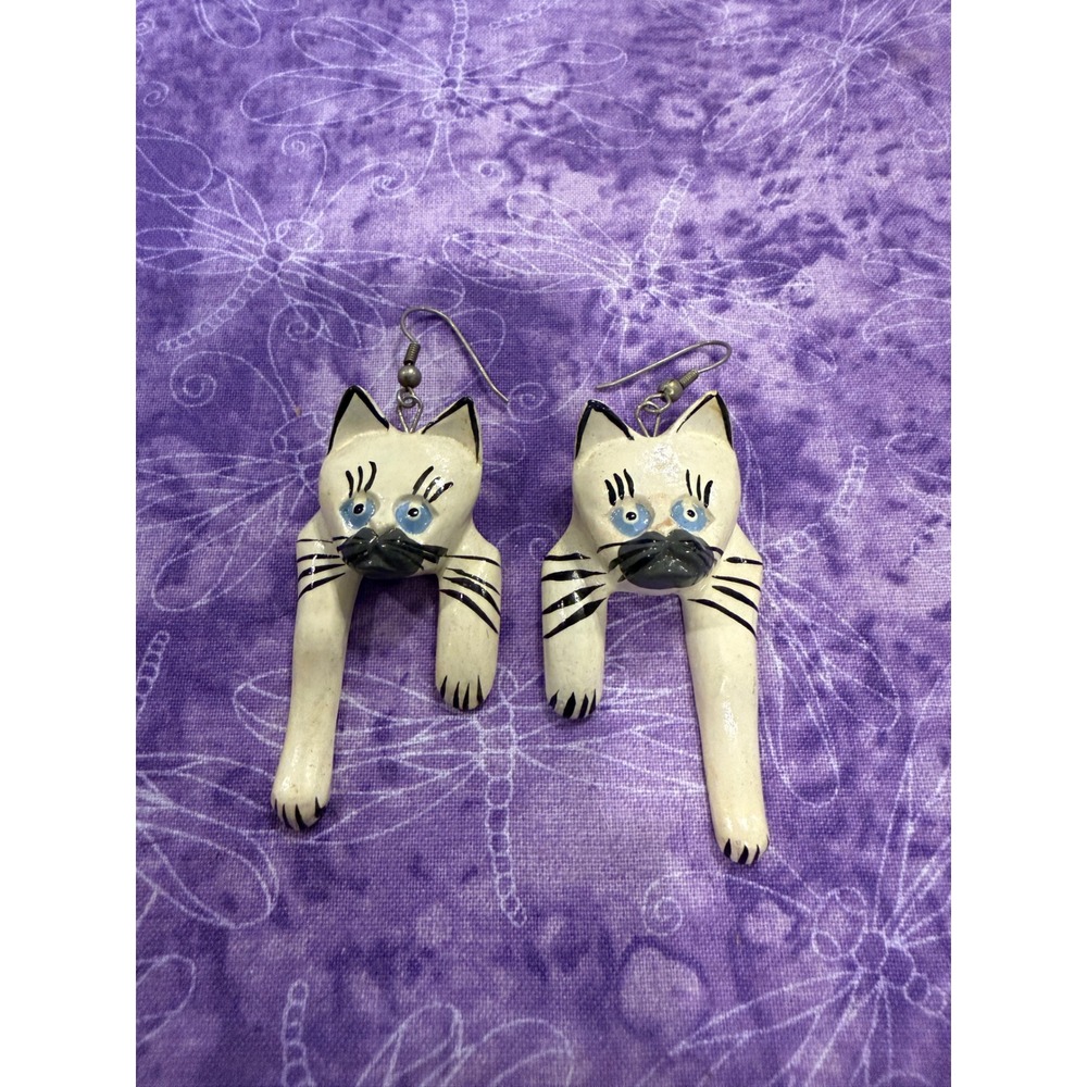 Cat Kitten Kitty Womens Dangle Earrings White Hand Painted Wooden Whimsical